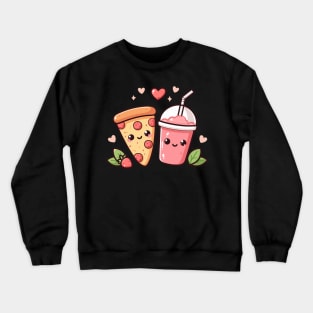 Pepperoni Pizza and Strawberry Drink with Hearts in Kawaii Style | Kawaii Food Art Crewneck Sweatshirt